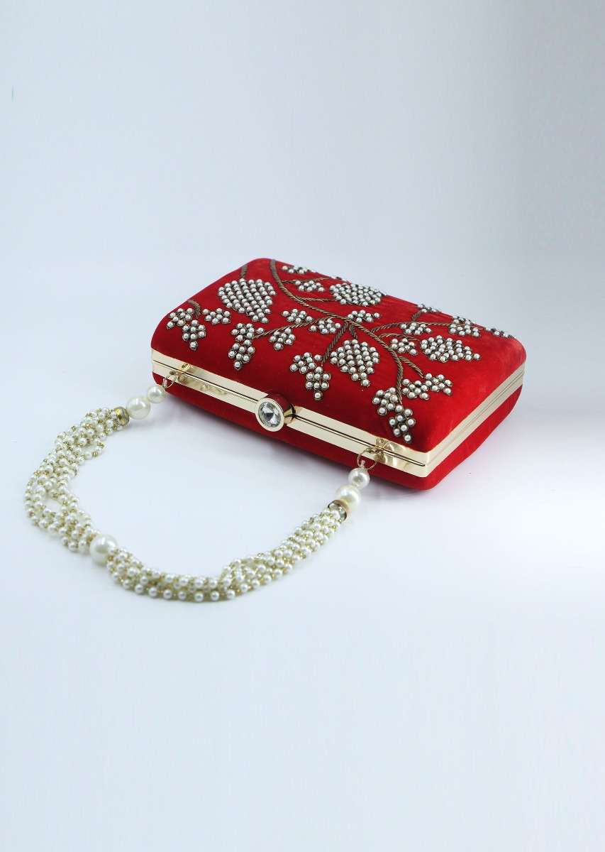 Red pearl beaded hand embroidered clutch