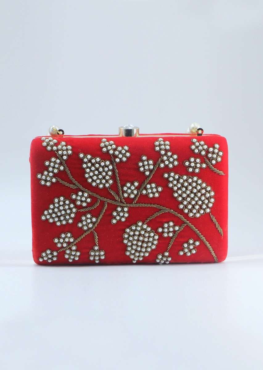 Red pearl beaded hand embroidered clutch