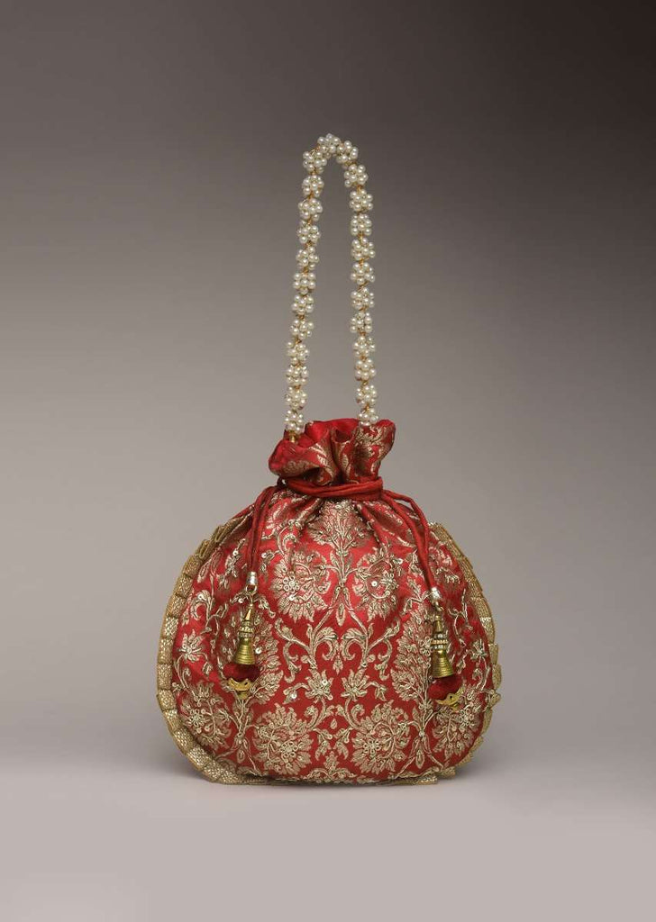 Red Potli Bag In Brocade Silk With Zardosi Embroidery In Floral Design