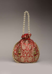 Red Potli Bag In Brocade Silk With Zardosi Embroidery In Floral Design