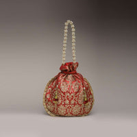 Red Potli Bag In Brocade Silk With Zardosi Embroidery In Floral Design