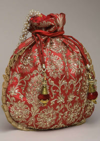 Red Potli Bag In Brocade Silk With Zardosi Embroidery In Floral Design