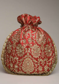 Red Potli Bag In Brocade Silk With Zardosi Embroidery In Floral Design