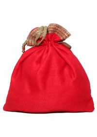 Red Potli Bag In Raw Silk With Mirror And Zardosi Embroidered Elephant Motif By Pink Cocktail