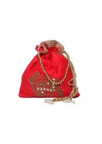 Red Potli Bag In Raw Silk With Mirror And Zardosi Embroidered Elephant Motif By Pink Cocktail