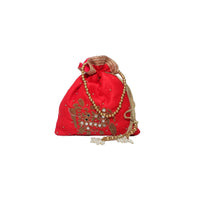 Red Potli Bag In Raw Silk With Mirror And Zardosi Embroidered Elephant Motif By Pink Cocktail