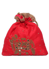 Red Potli Bag In Raw Silk With Mirror And Zardosi Embroidered Elephant Motif By Pink Cocktail