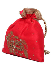 Red Potli Bag In Raw Silk With Mirror And Zardosi Embroidered Elephant Motif By Pink Cocktail
