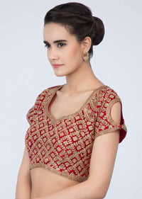 Red raw silk blouse with heavy zardosi and kundan work only on Kalki