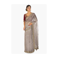 Red raw silk embellished blouse  paired with grey organza saree only on Kalki