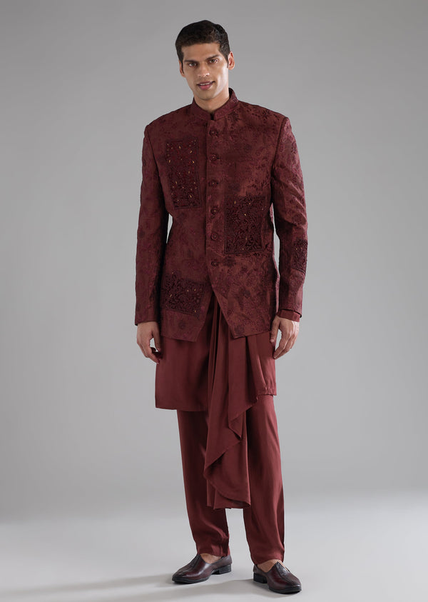 Red Raw Silk Embroidered Indowestern Kurta Set