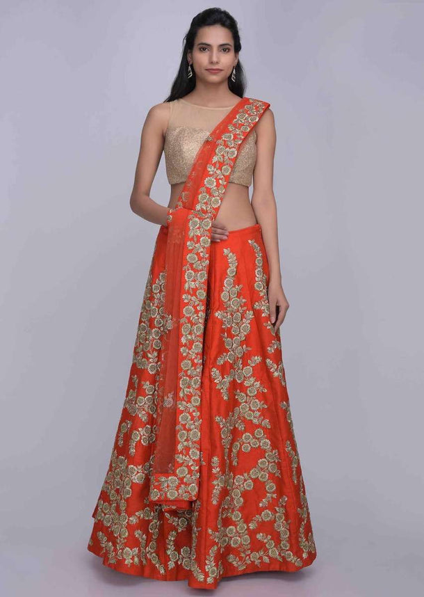 Red Lehenga In Raw Silk With Red Net Dupatta Online - Kalki Fashion