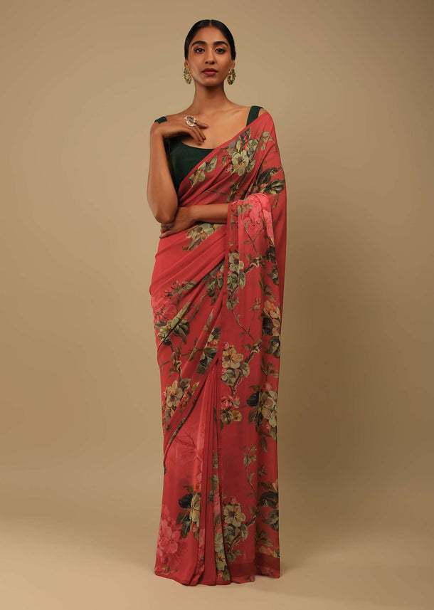 Red Saree In Crepe Georgette With Printed Floral Motifs And Unstitched Blouse