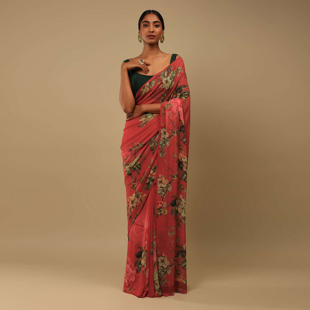 Red Saree In Crepe Georgette With Printed Floral Motifs And Unstitched Blouse