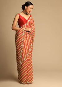 Red Saree In Organza With Striped Print All Over And Moti Embroidered Border Along With Unstitched Blouse