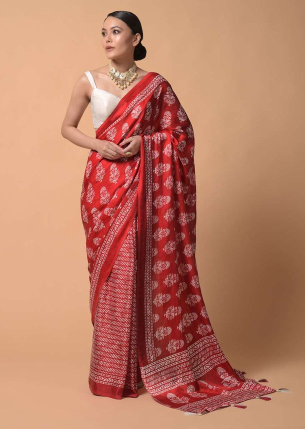 Red Saree In Satin Blend With Floral And Batik Print Online - Kalki Fashion