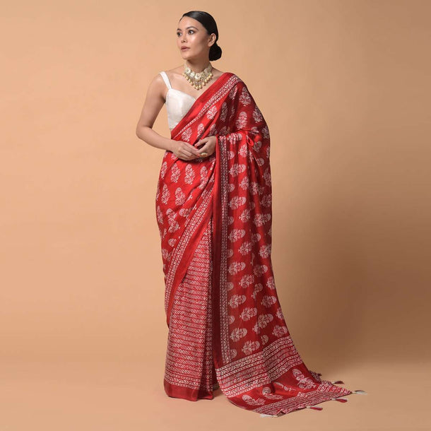 Red Saree In Satin Blend With Floral And Batik Print Online - Kalki Fashion