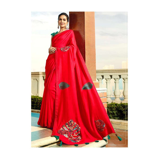 Red saree in silk with leaf motif printed patch work Online - Kalki Fashion