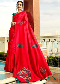 Red saree in silk with leaf motif printed patch work Online - Kalki Fashion