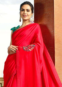 Red saree in silk with leaf motif printed patch work Online - Kalki Fashion