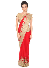 Red saree with zari and kundan embellished border only on Kalki