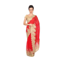 Red saree with zari and kundan embellished border only on Kalki