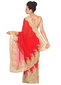 Red saree with zari and kundan embellished border only on Kalki