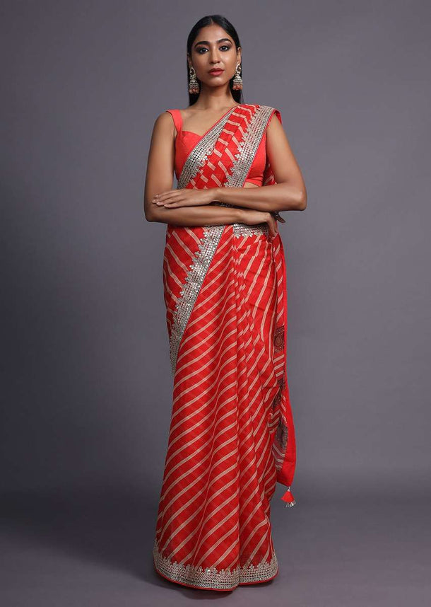 Red Saree With Lehariya Print And Paisley Motifs On The Pallu Along With Gotta Border