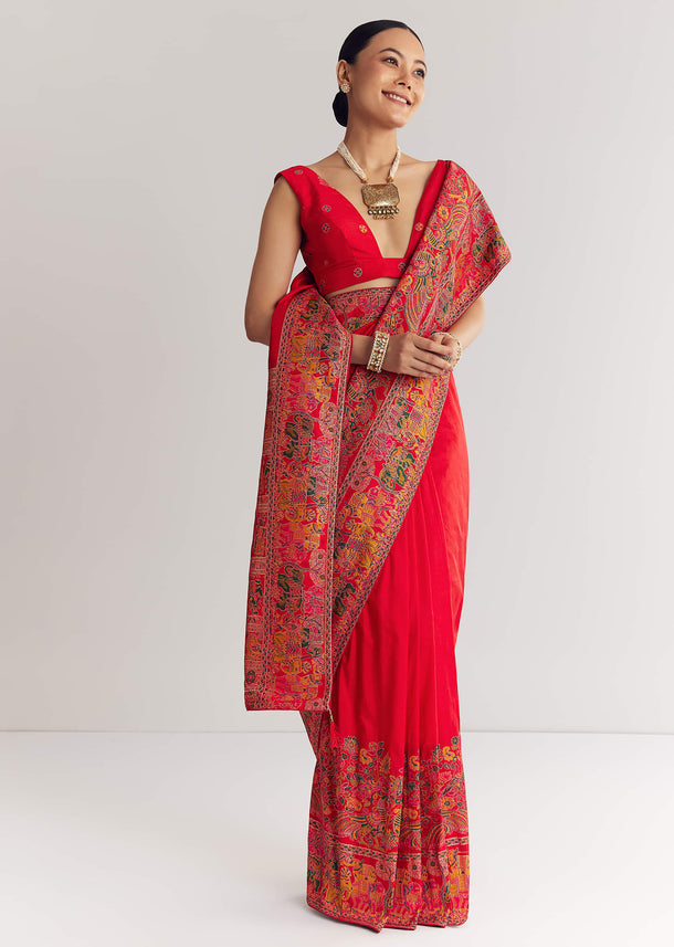 Red Saree With Traditional Floral And Animal Prints
