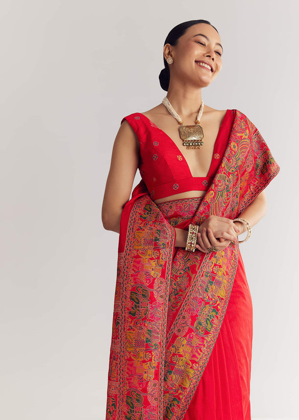 Red Saree With Traditional Floral And Animal Prints