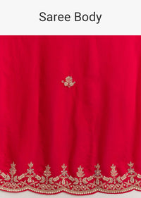 Red Satin Saree With Zardosi Embroidery And Scallop Border