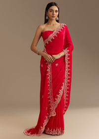 Red Satin Saree With Zardosi Embroidery And Scallop Border