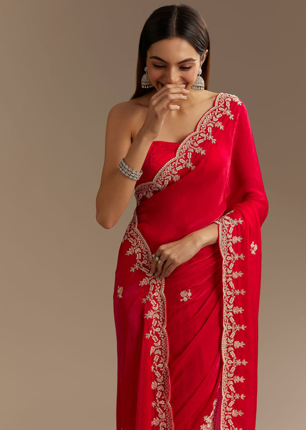 Red Satin Saree With Zardosi Embroidery And Scallop Border