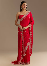 Red Satin Saree With Zardosi Embroidery And Scallop Border