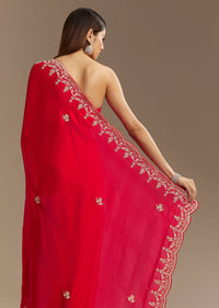 Red Satin Saree With Zardosi Embroidery And Scallop Border