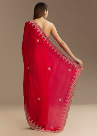 Red Satin Saree With Zardosi Embroidery And Scallop Border