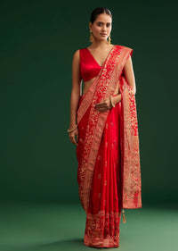 Red Satin Saree With Zari Weave
