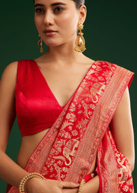 Red Satin Saree With Zari Weave
