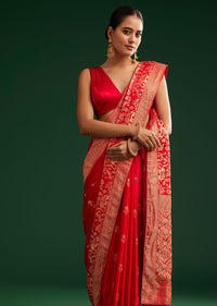 Red Satin Saree With Zari Weave
