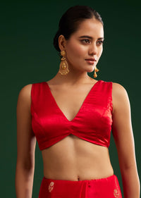 Red Satin Saree With Zari Weave
