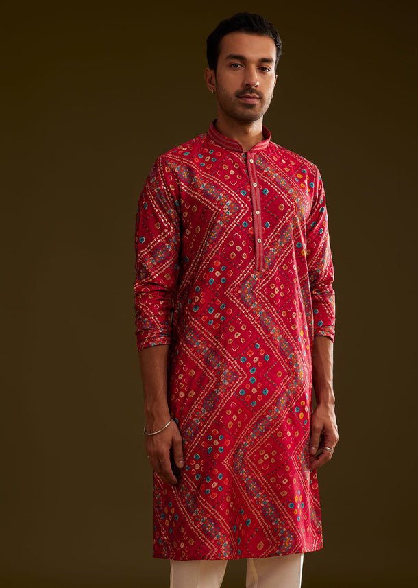 Red Silk Bandhani Printed Kurta Set
