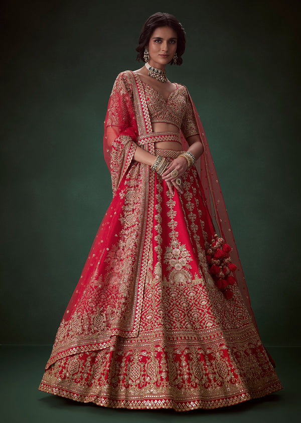 Red Silk Bridal Lehenga Set with Two Dupattas