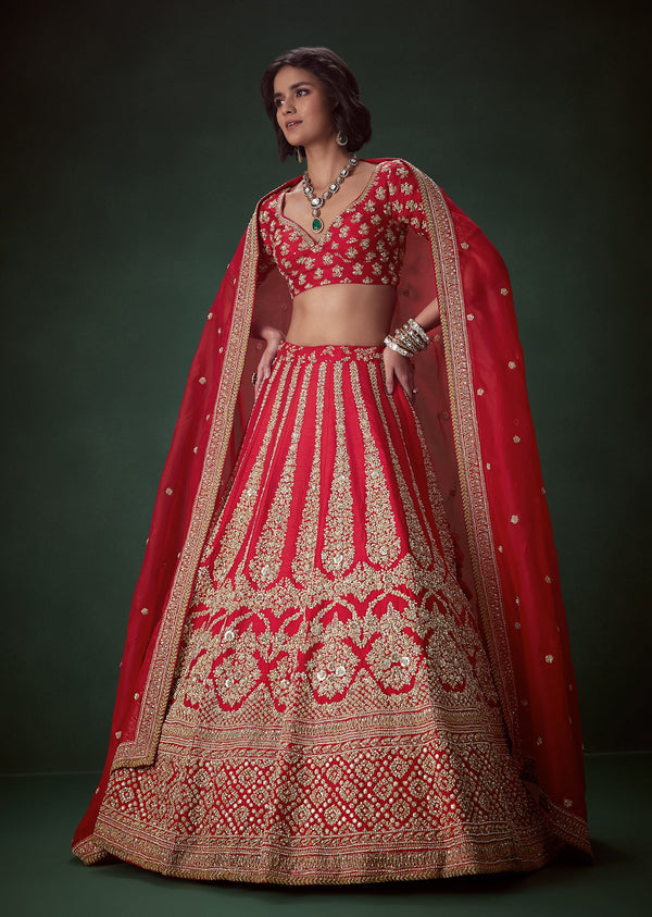 Red Silk Bridal Lehenga Set with Zari and Beads