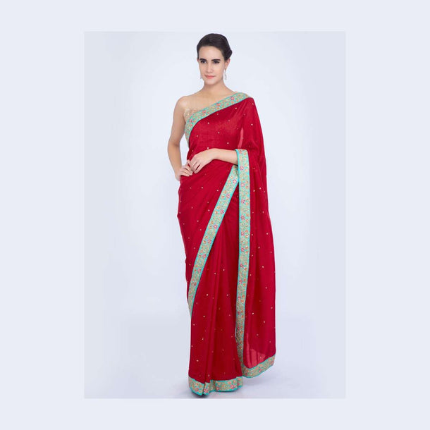 Red silk saree with embroidered butti and border only on Kalki