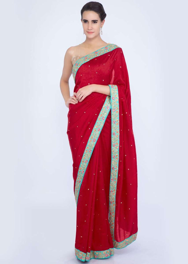 Red silk saree with embroidered butti and border only on Kalki