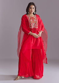 Red Silk Sharara Suit With Resham Work And Cape Dupatta