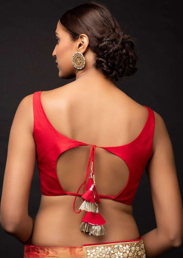 Red Sleeveless Blouse In Silk With Leaf Cut Neckline