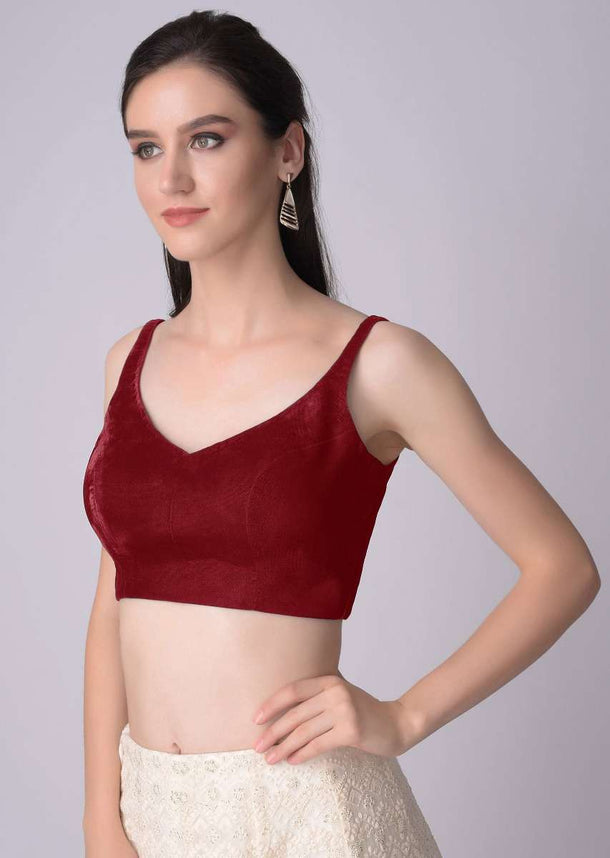 Red Sleeveless Blouse With Leaf Shaped Neckline