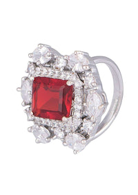 Red Stone Studded Necklace, Earrings And Ring Set In Geometric Design By Aster
