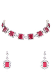 Red Stone Studded Necklace, Earrings And Ring Set In Geometric Design By Aster